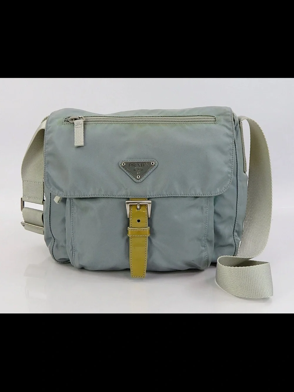 Prada Powder Blue Nylon Messenger Bag with Yellow Strap Accent